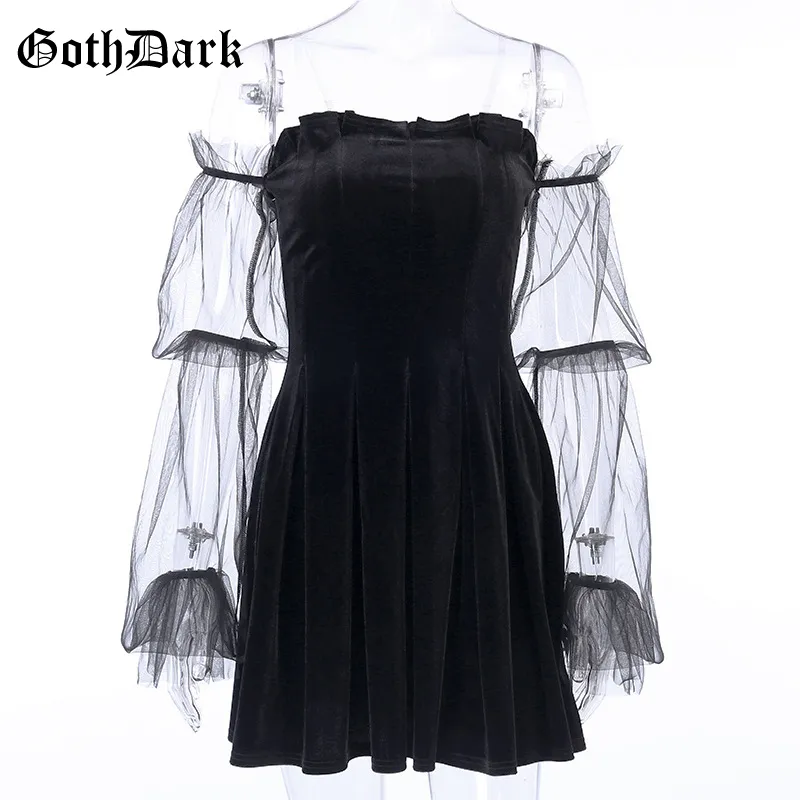 Goth Dark Mesh Vintage Gothic Dresses Egirl Estetisk Transpanent Rem Pläterad Klänning Chic Punk Hip Hop Grunge Emo Chic T200911