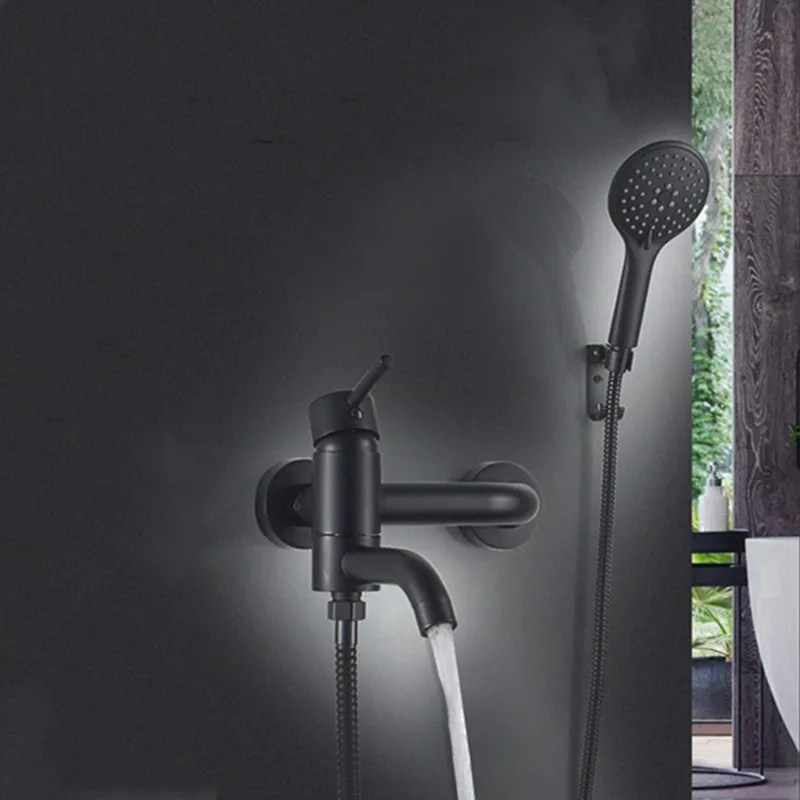 Liuyue Bathtub Shower kraan Blackchrome messing muur gemonteerde badkamer abs hand hoofd sets mixer tap y200321