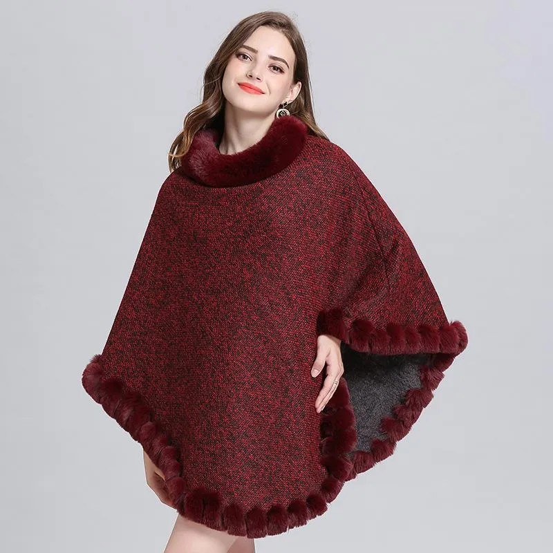 Halsdukar elegant retro handarbete päls stickad poncho tjock kashmir cape full trims faux rex sjal pullover coat kvinnor vinter wraps325y