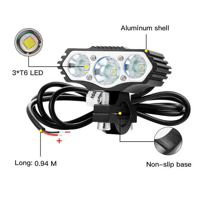 Krachtige krachtige elektrische fietsverlichting 1000 lumen 12-72V Input e fietskoplamp aluminium behuizing 3xt6 LED hoofdlicht voor eBikes 220105