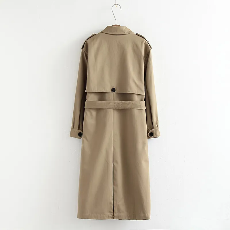 Vee Top Women 캐주얼 한 단색 더블 가슴 아웃웨어 새시 사무실 코트 세련된 Epaulet Design Long Trench 902229 201111