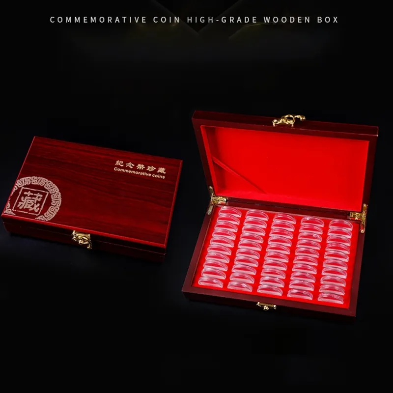 50 個木製コイン保護ディスプレイボックス収納ケースホルダーラウンドボックス記念コレクションボックス C0116