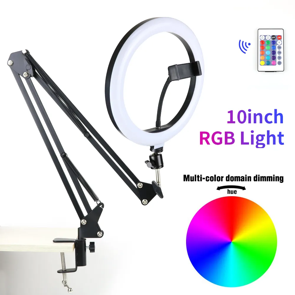 Anillo de luz LED para Selfie de 10 pulgadas para fotografía con escritorio, soporte de teléfono de brazo largo, lámpara de maquillaje de anillo RGB regulable para Selfie de vídeo