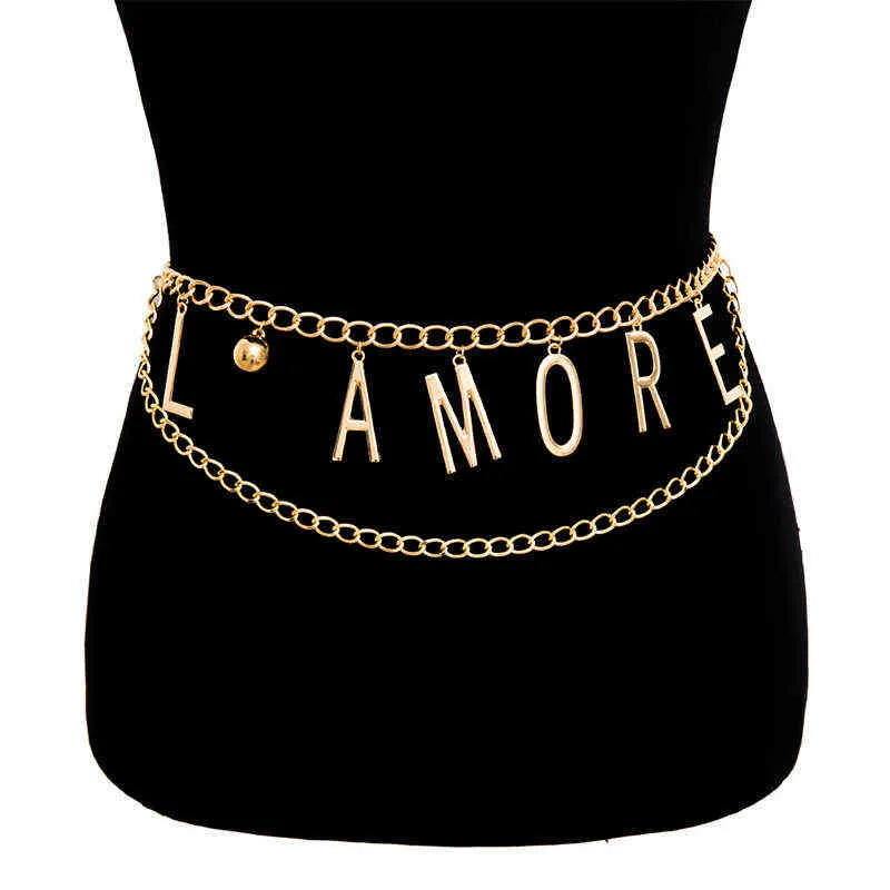 Ceinture de chaîne en or Ceinture de taille féminine Ceintures en métal pour femmes Robe à pompons Ceinture Corset Punk Porte-clés Lettres Ceinture Femme Y220301