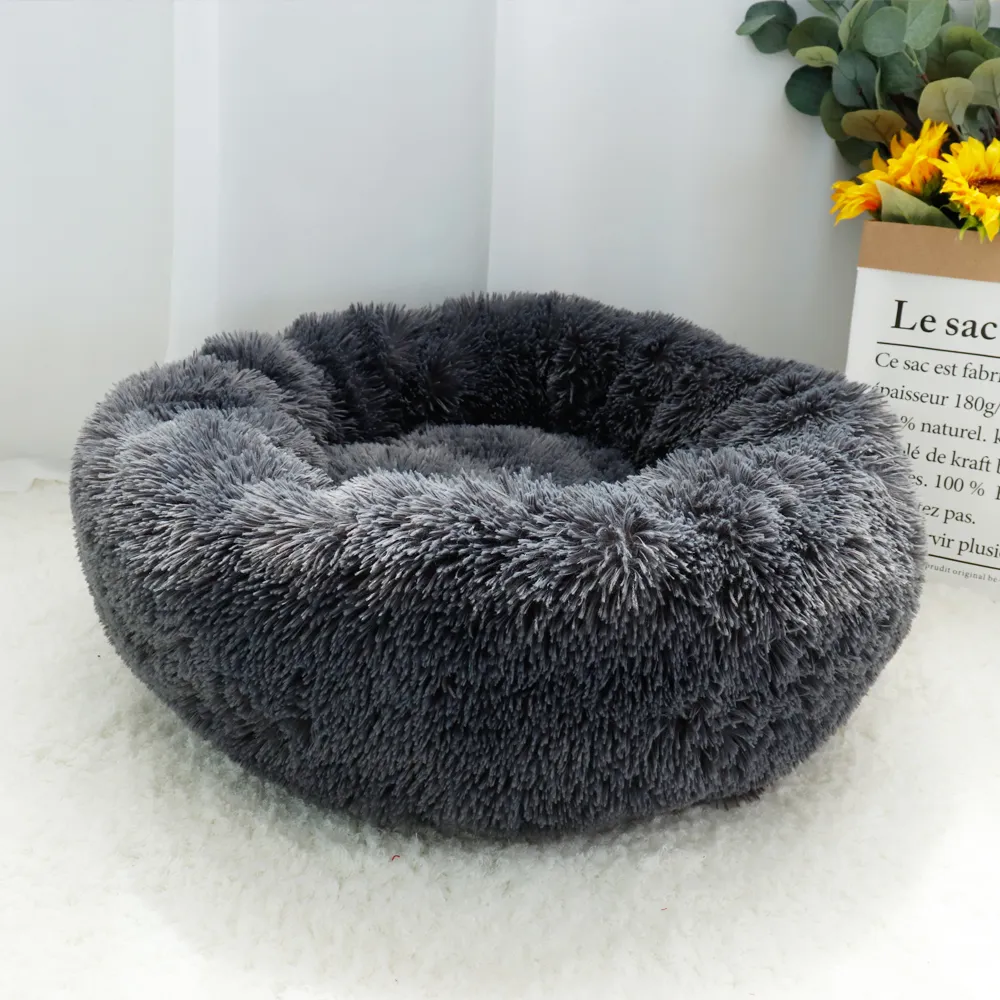 Confortable en peluche lit pour chien Hondenmand lavable rond coussin calmant canapé tapis chenil beignet s maison pour grands chiens LJ201028