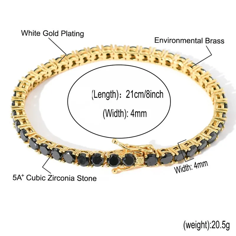 Wysokiej jakości żółte białe złoto sproszkowane 4 mm 7 8 -calowe czarne CZ łańcuchy bransoletek tenisowych
