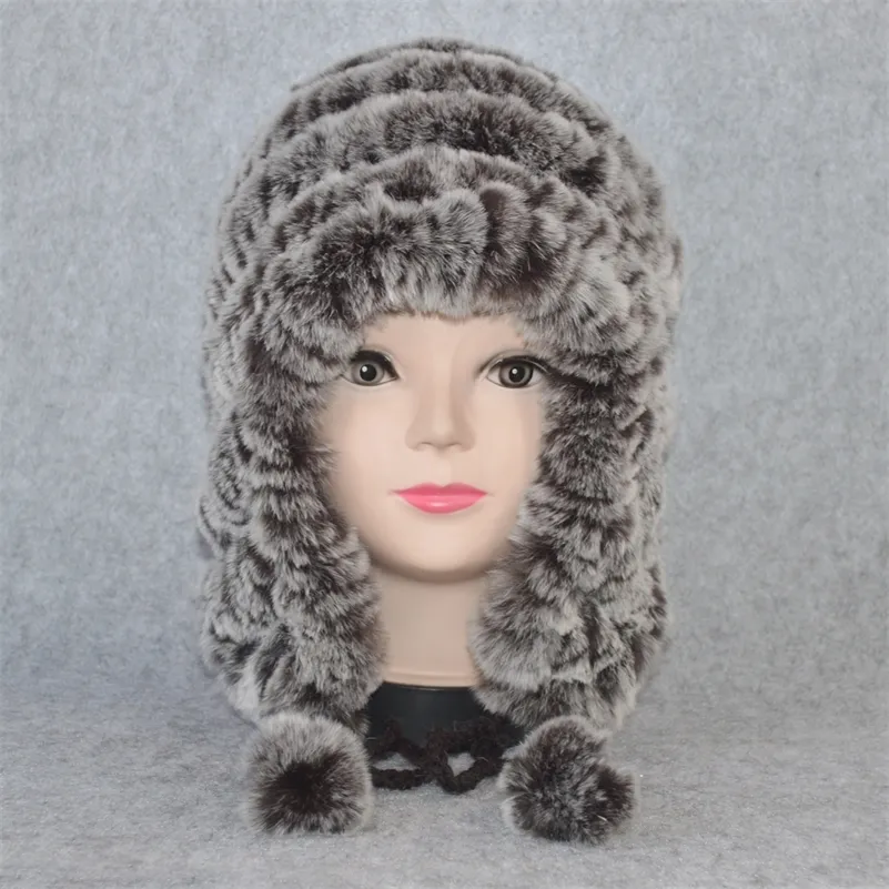 ロシアの冬のリアルイヤーフラップハット女性編み本物の頭蓋骨キャップdiy暖かい柔らかいレックスウサギファービーニーキャップy201024259m