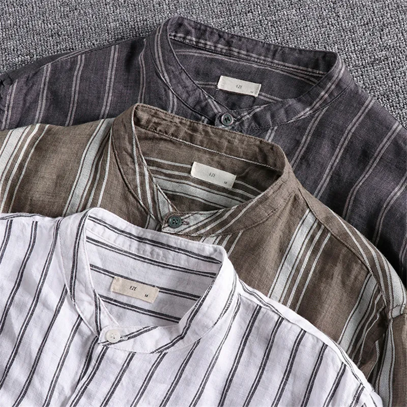 Japonais Harajuku 100% lin Vintage col montant à rayures verticales trois quarts manches chemise boutonnée pour hommes grande taille C1212