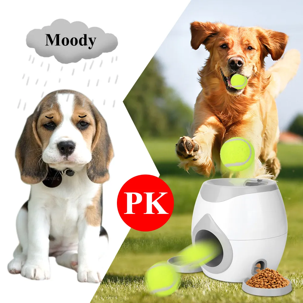 Mangeoire automatique pour animaux de compagnie Interactive Fetch Tennis Ball Launcher Dog Training Toys Lancer Ball Machine Pet Food Emission Device LJ2012513