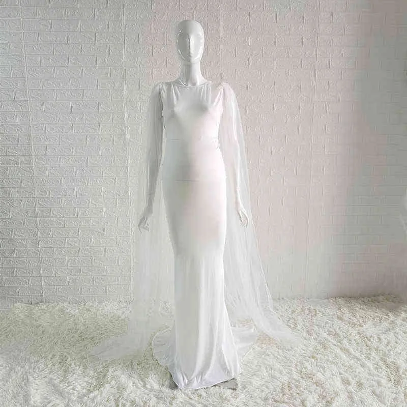 Ärmelloses Jersey-Babyparty-langes Kleid mit Tüllumhang, schwangeres Frauenkleid für Fotoshooting, Umstandsfotografie, Meerjungfrauenkleid AA220309