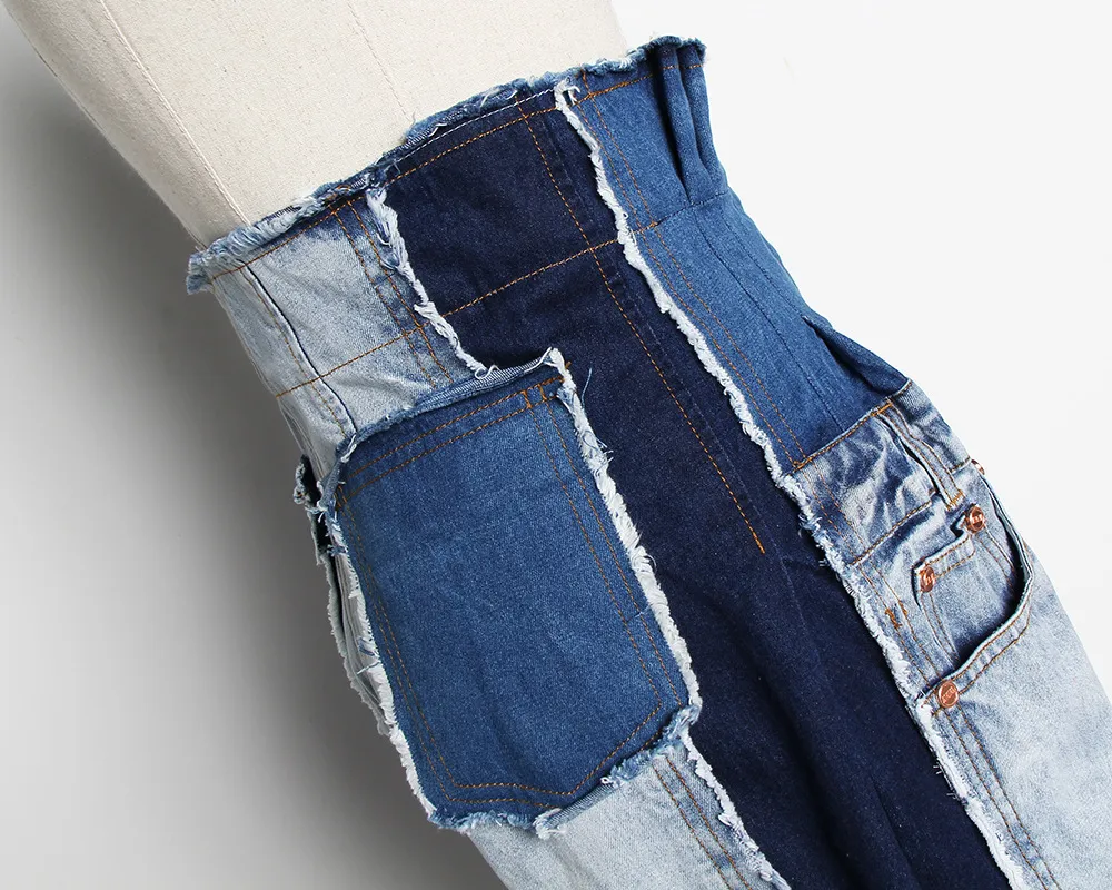 Nieuwe lente zomer hoge taille losse hit kleur denim pocket blauw lang breed poot jean broek mode jr841 201109