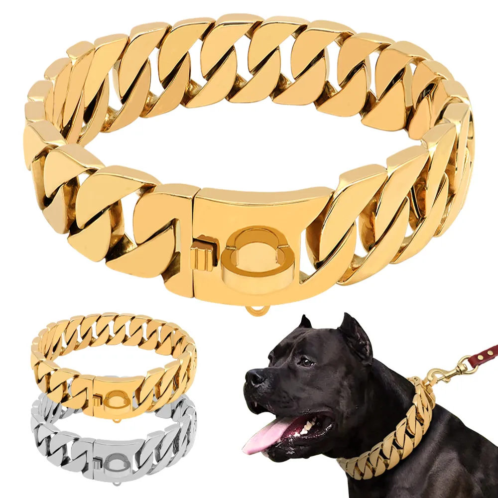 Strong Metal Dog Chain Collars Stainless Steel Pet Training Big Collar For Large Dogs Pitbull Bulldog Silver Gold Show Collar LJ201202