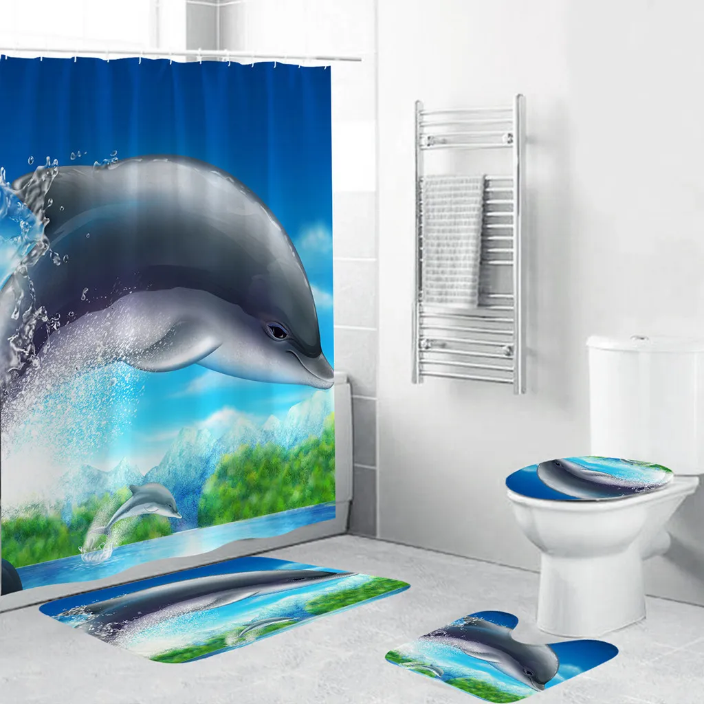 Ouneed Blue ocean world Tende da doccia set @ Antiscivolo Carino delfino Toilette Copertura in poliestere Tappetino Set Bagno Tende da doccia Y200108