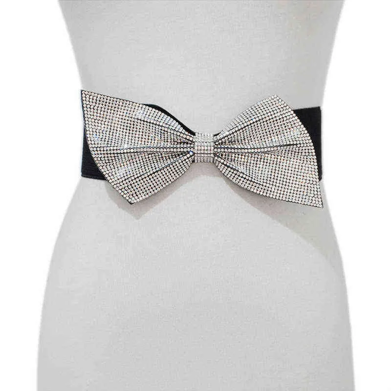 Fashion Charm New Rhinestone Bow Elastic Women Belt Decoration Dress Coat Black Corset Belt Stretch Ladies Accessories Waistband G220301