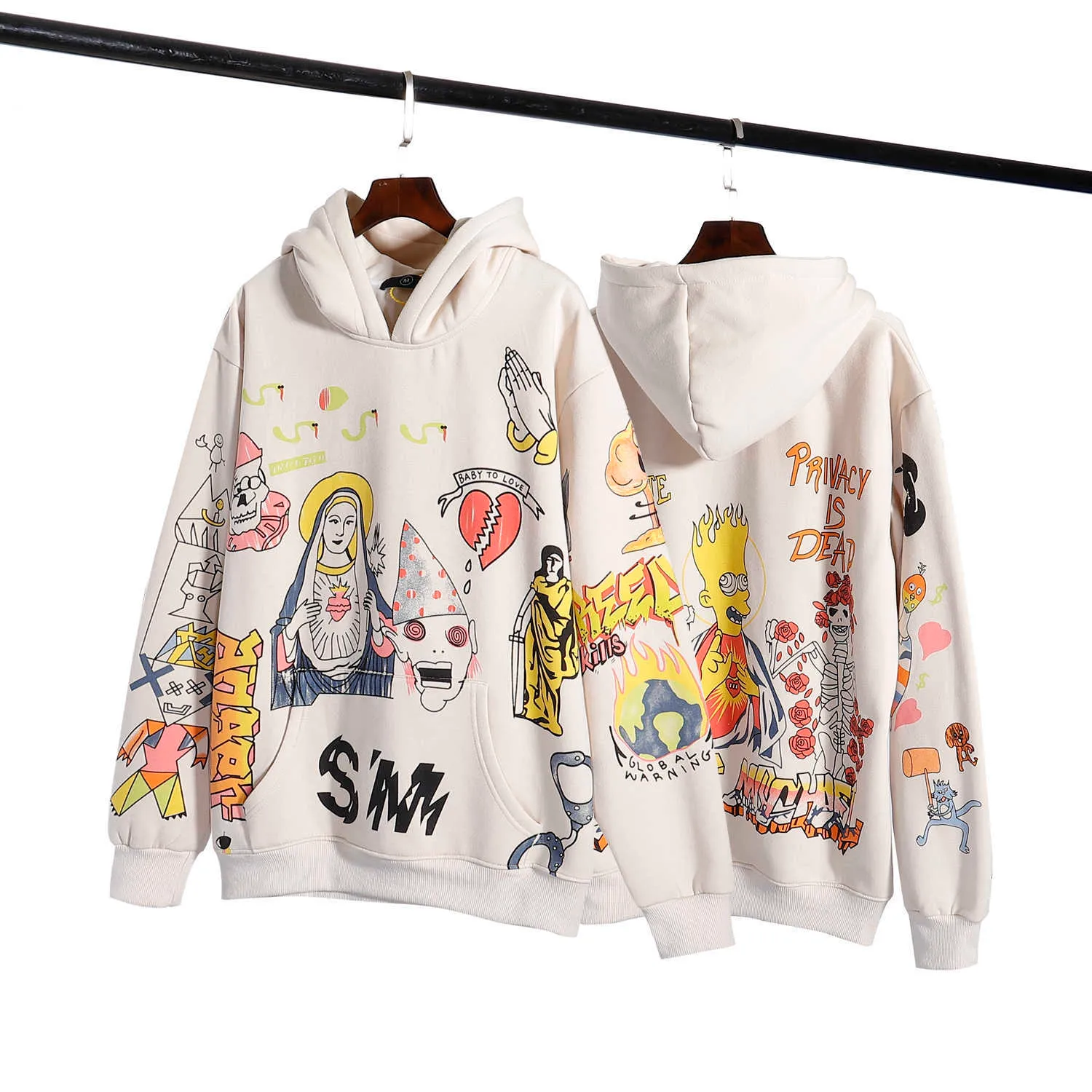 Heren Hoodies Herfst Modemerk Saint Michael Vintage Amerikaanse Cartoon Illustratie Pluche Hooded Pullover Heren Trui