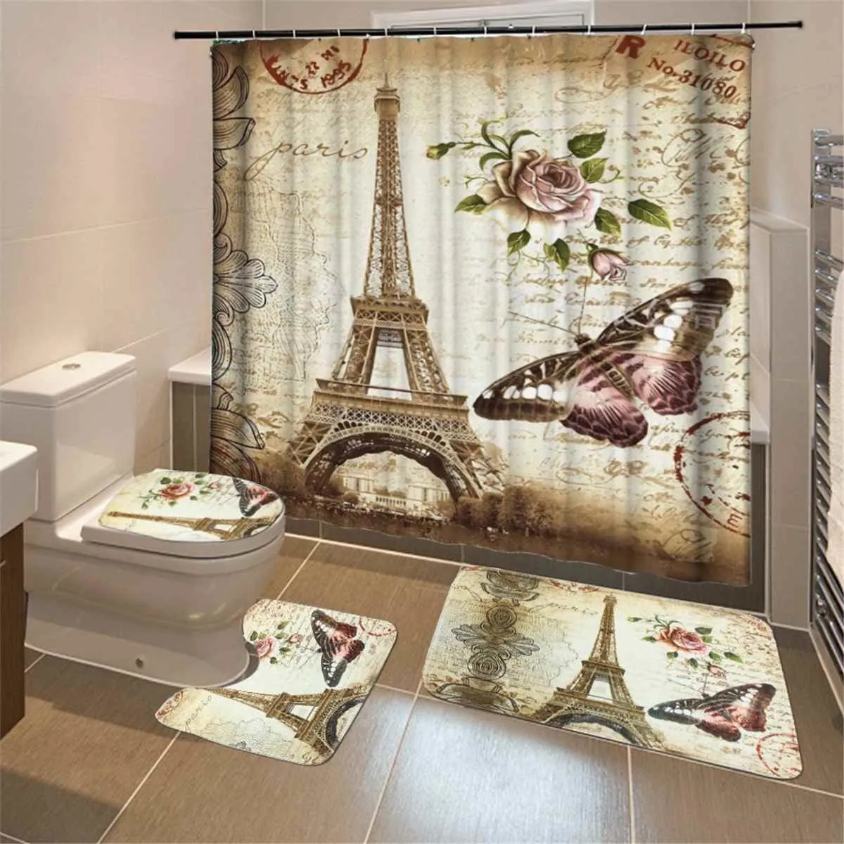 Eiffel Paris Landscape Print Bathroom Shower Curtain Set Waterproof Anti Slip Pedestal Rug Lid Toilet Cover Bath Mat Set 201127254u