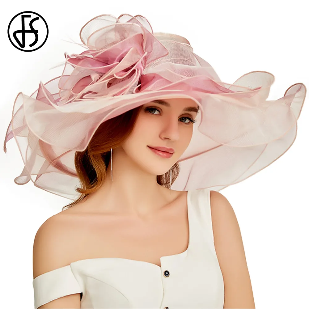 Fs organza chapéus de igreja de verão para mulheres, elegantes, aba larga, vintage, fedoras com flor grande, rosa, chapéu de praia y200714275e