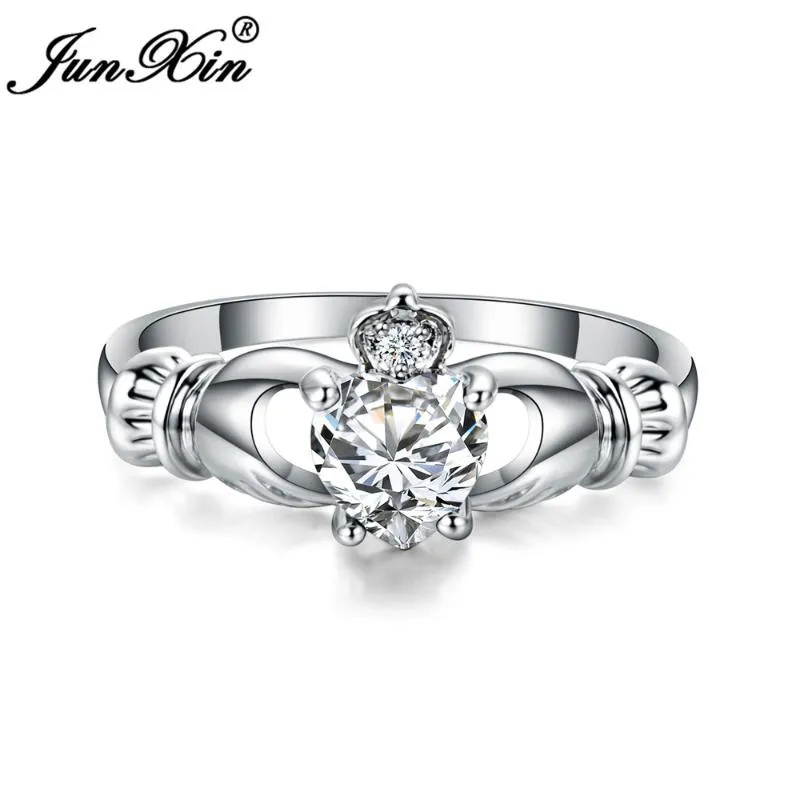 Anéis de casamento Junxin luxo feminino coração anel claddagh branco ouro cheio jóias moda para mulheres nascimento pedra presentes1284f