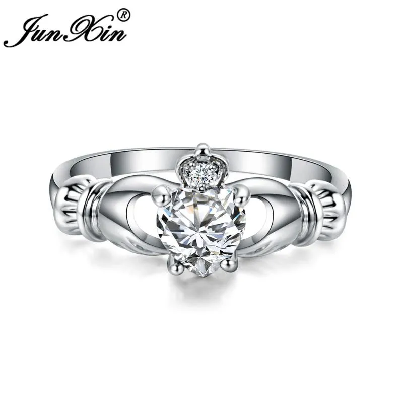 Pierścionki ślubne Junxin luksus żeński pierścionek z sercem Claddagh białe złoto biżuteria moda dla kobiet narodzin prezentów kamienna1253v