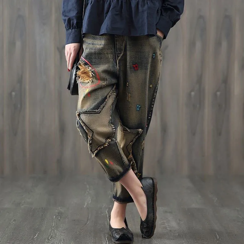 Kunststijl patchwork borduurwerk losse vintage vrouwen jeans gat ontwerp elastische taille alle katoen denim dames harembroek LJ200808