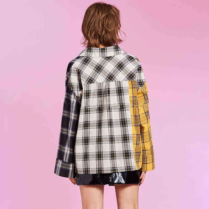 Vårskjorta Kvinnor Plaid Shirt Bomull Långärmad Patchwork Blus för Flickor Casual Koreansk Fashion Streetwear Splice Shirts H1230