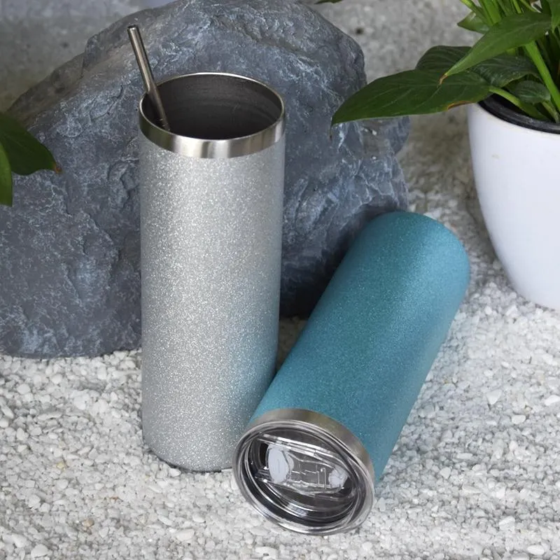 US Warehouse 20oz sublimation texture Powder Glitter Straight tumbler With plastic Straws and Lids Vacuum Insulated Double2950