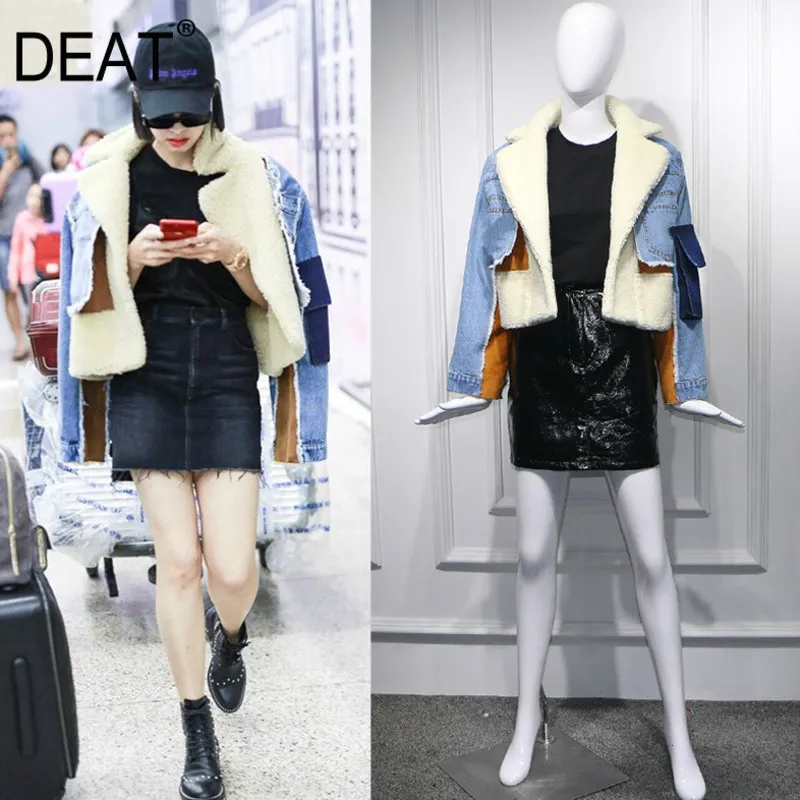 Women's Jackets winter sheep fur turn-down collar full sleeves denim blue patchwork spliced clothes letters printed coat trench