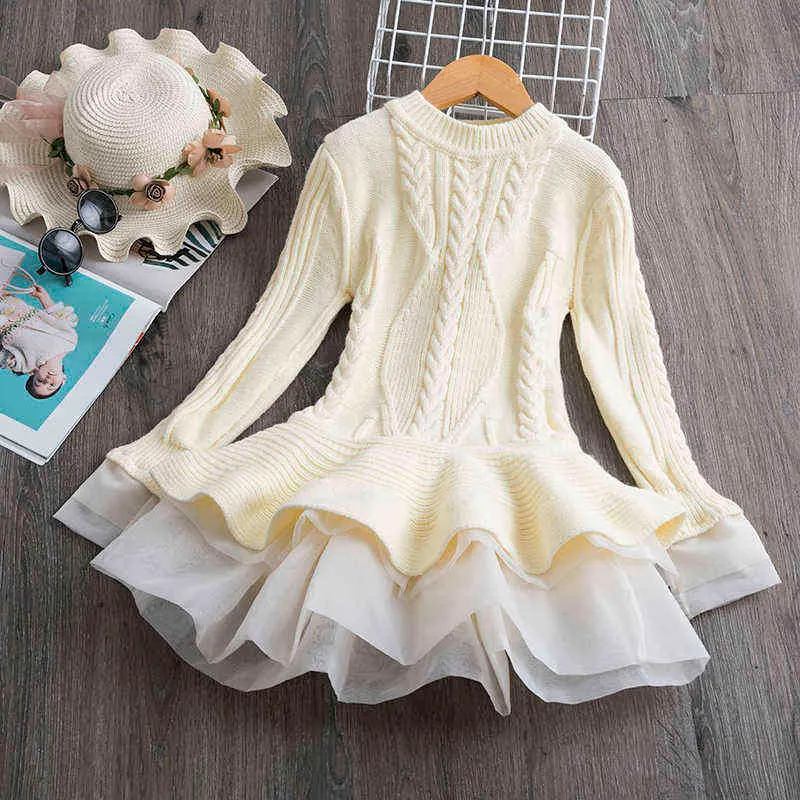 Knitted Sweater Dress for Girls Autumn Winter Clothes Ribbed Long Sleeve Kids Party Costume Casual Wear Princess Christmas 211231