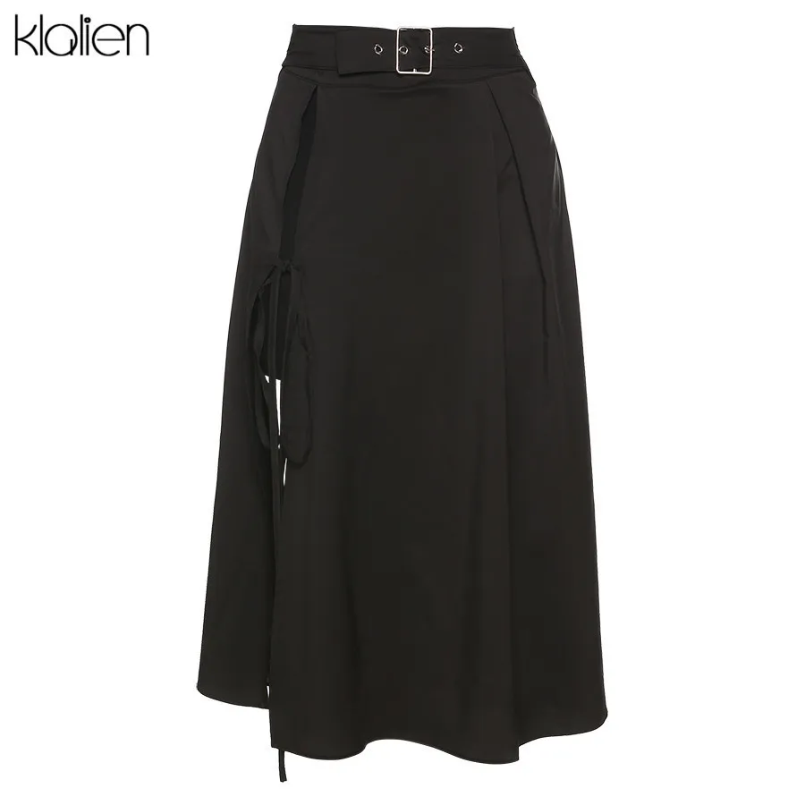 Klaien moda alta cintura negro midi falda mujeres verano streetwear casual split dobladillo asimétrico falda larga damas nuevo 201111