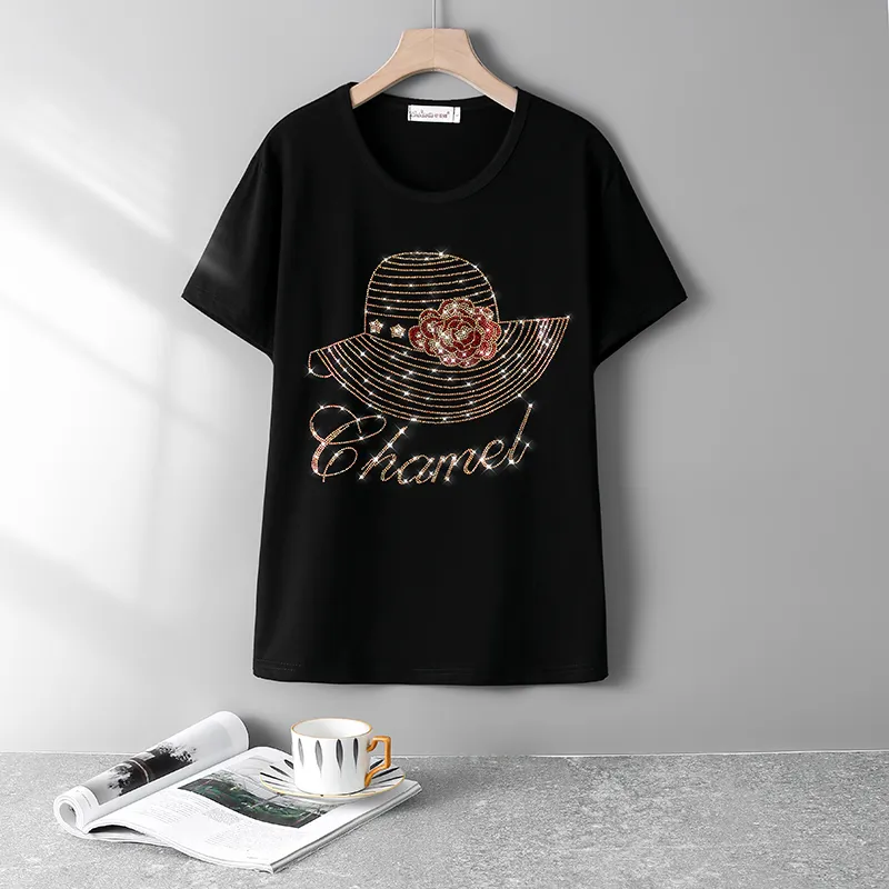 Plus Größe Hut Diamant Bohr T-Shirt für Frauen Sommer Kurzhülse Schwarz Tops T Shirts Mode Baumwolle T Shirts 3532 220312