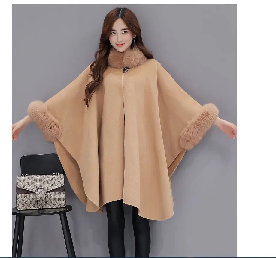 Ponchos 및 Capes 여성 크리스마스 패션 플레어 슬리브 가짜 여우 모피 칼라 겨울 양모 망토 케이프 코트 Poncho Long Overcoat 201028