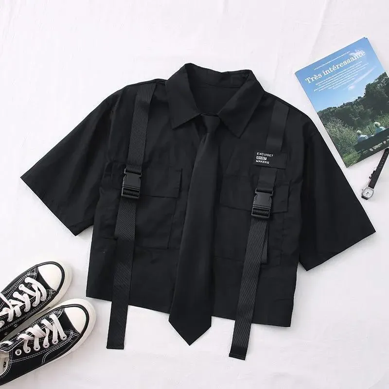 2021 Automne Streetwear Pantalon taille haute ruban droit Cargo Pantalon étudiant lâche chemise à manches courtes avec cravate deux pièces Set 201109