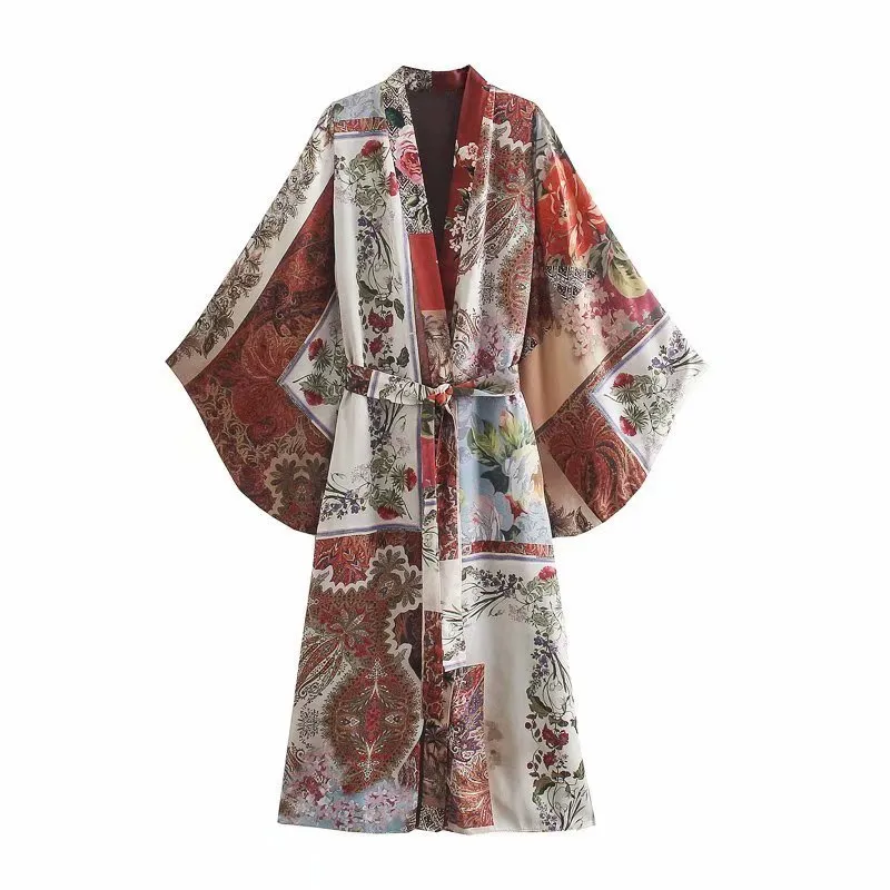 TRAF ZA Women Kimono Shirts +Trousers Suit Belt Summer Full Printed X-Long Blouse Set Female Pants Casual Clothes 220226