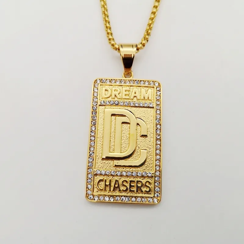 Hip Hop rock acier inoxydable strass Dream Chaser pendentif collier mens mode Or couleur DC collier bijoux Y1220