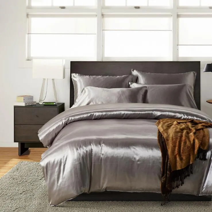 Bettwäsche-Sets aus 100 % hochwertiger Satin-Seide, flach, einfarbig, UK-Größe, 3-teilig, Bettbezug, Bettlaken, Kissenbezug265 r