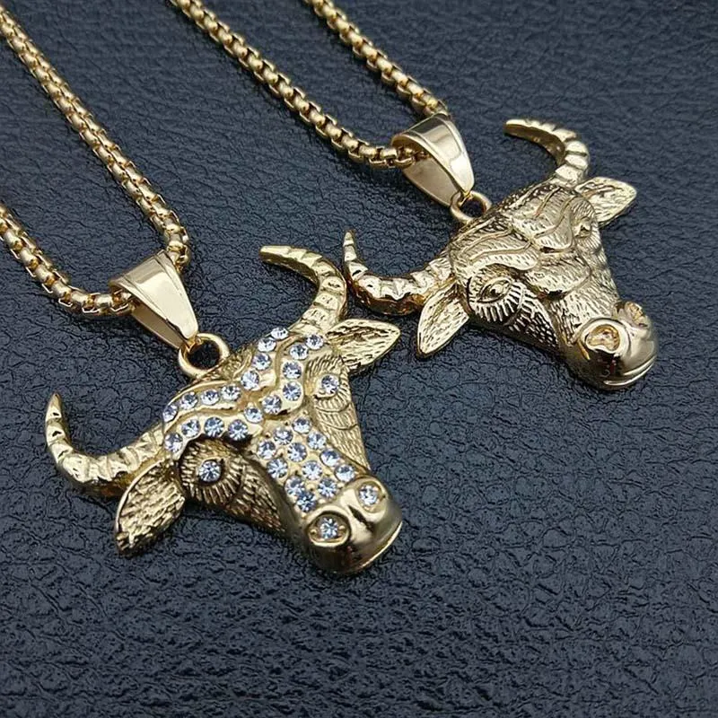 Hip Hop Rapper Style Bull Head Tau Pendants Halsband för män Guldfärg 316L Rostfritt stål Personlighet Party Jewelry Gift260A