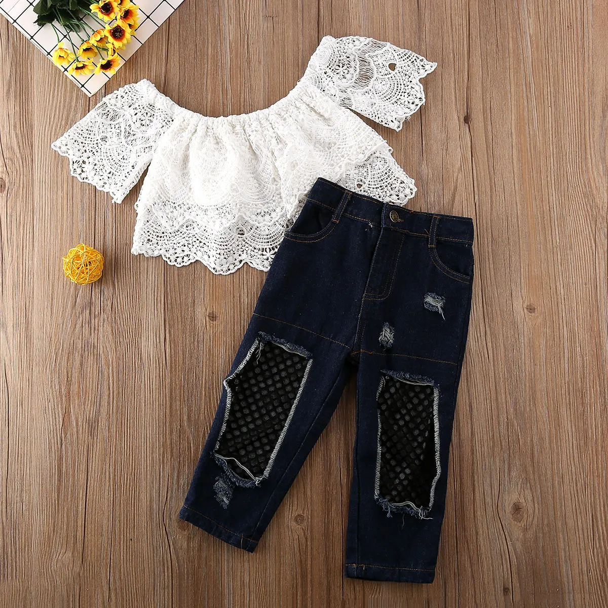 Toddler Kids Baby Girl Clothes Baby Summer Clothing Off Shoulder Lace Tops Ripped Fishnet Patchwork Jeans Pants Outfit Y200832745932