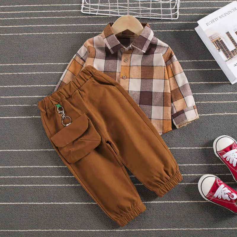 2021 Höst Vår Baby Boy Fashion Formal Clothing Kid Passar Set Plaid Shirt Byxor 2st Barnkläder Sats 1 2 3 4 5 år G220310