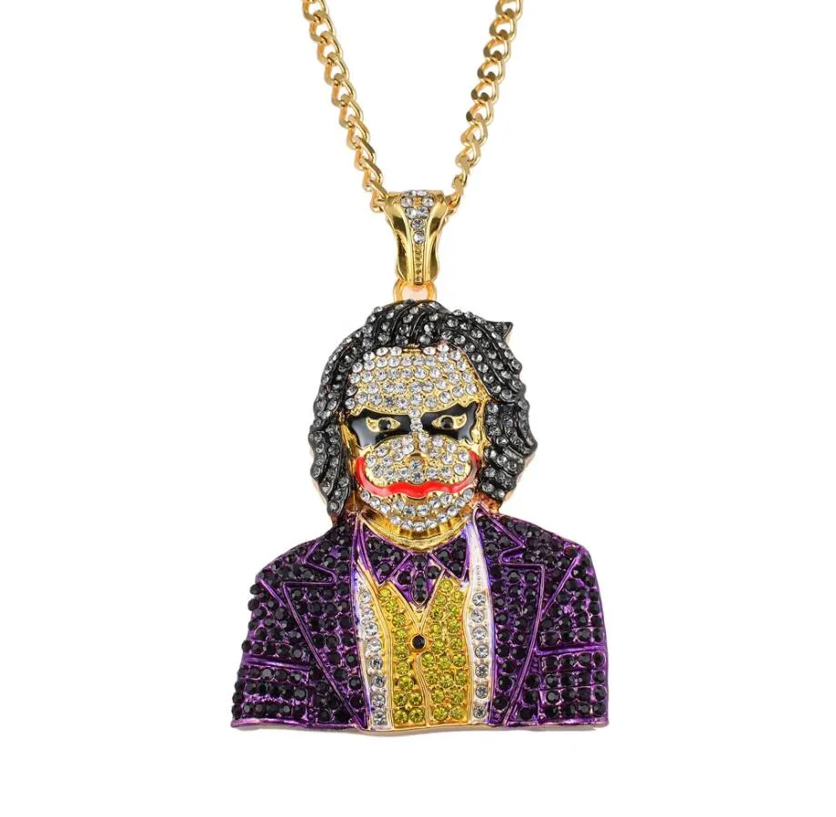 Fashion Iced Out Large Cartoon Clown Cosplay Pendant Necklace Mens Hip Hop Necklace Jewelry 76cm Gold Cuban Chain For Men Women236s