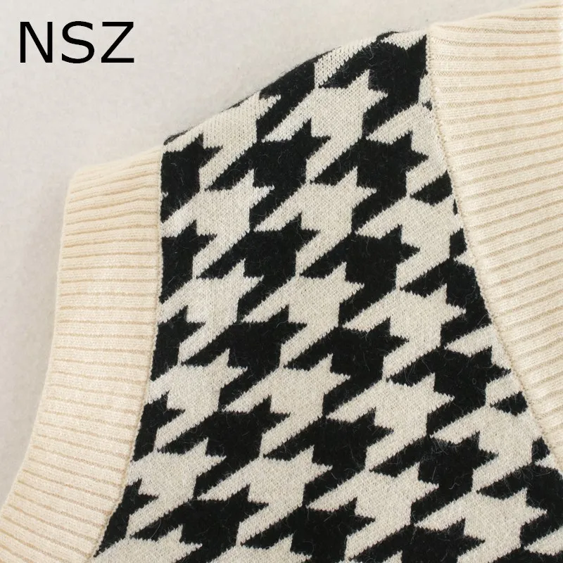 NSZ mujeres estilo preppy de gran tamaño sin mangas pata de gallo suéter chaleco asimetría chaqueta de punto abrigo plaid tank top chaleco 201214