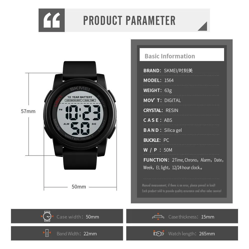 SKMEI 10 년 배터리 디지털 시계 남자 백라이트 이중 시간 스포츠 큰 다이얼 시계 방수 방수 실리카 젤 남자 시계 릴로이 152164