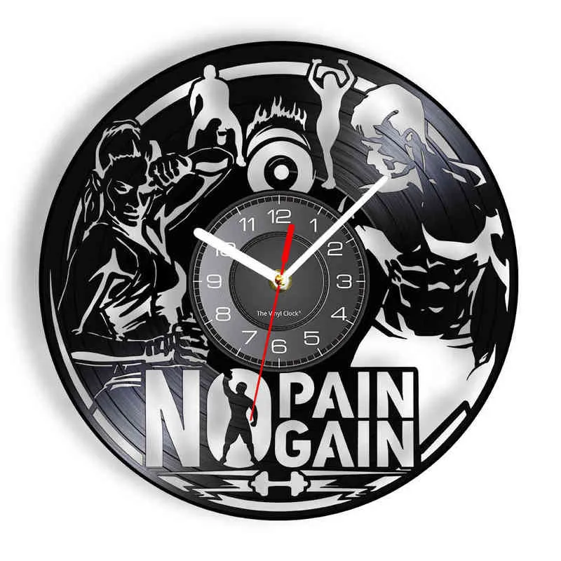 No Pain No Gain Bodybuilding-Vinyl-LP-Schallplatten-Wanduhr, inspirierende Heim-Fitness-Dekoration, Gewichtheben, Training, Männerhöhle, lautlose Uhr H1230