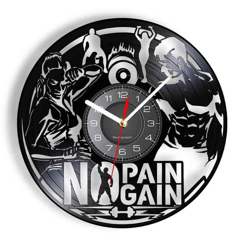 No Pain No Gain Musculation Vinyle LP Record Horloge Murale Inspirante Maison GYM Décor Haltérophilie Entraînement Homme Cave Horloge Silencieuse H1230