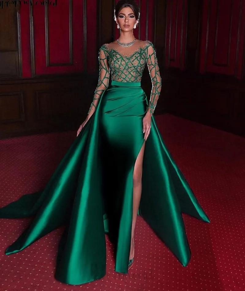 Elegant Mermaid Evening Dresses 2022 Green Formal Dress Long Sleeves Satin Sexy Slit Beads Party Prom Gowns vestidos de noiva282o