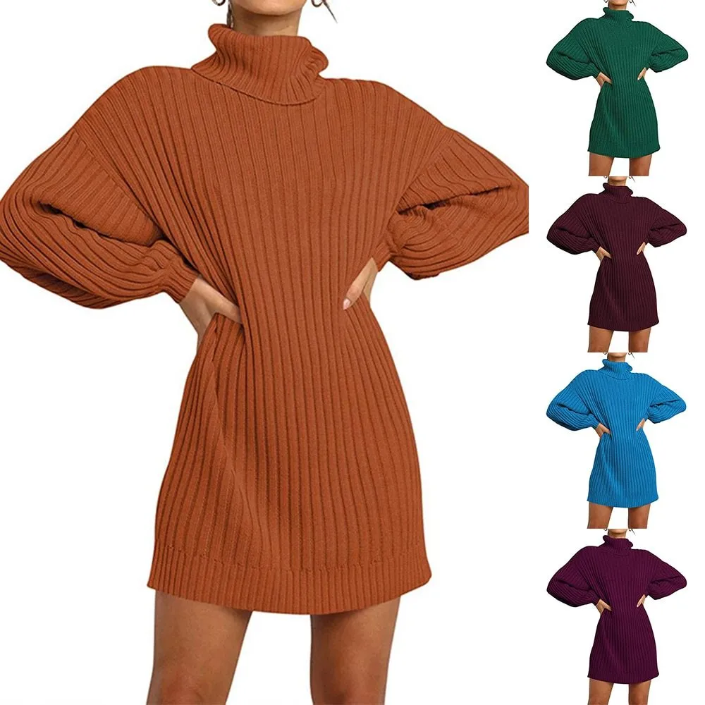Women's Autumn Winter Dress Sweater Knitted Dress Slim High Neck Puffy Long Sleeve Dress Sexy Ladies Party Vestidos 2021 Fashion F1215