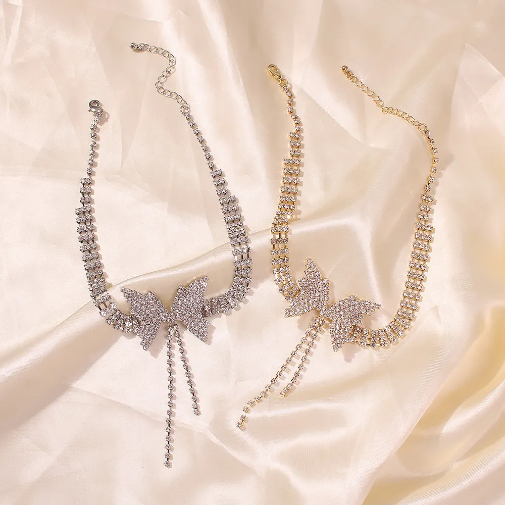 Collana corta con fiocco di diamanti pieno Girocollo di cristallo alla moda alla moda gioielli da donna feste di nozze