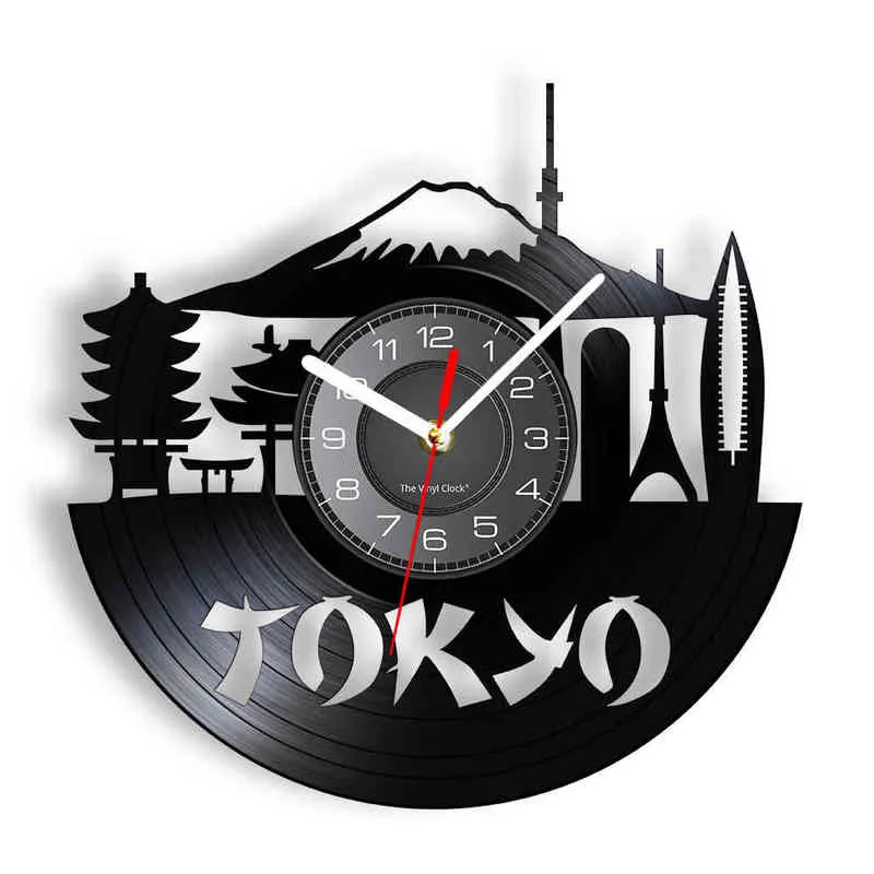 Tokyo Skyline Horloge Murale Décorative Pour Enterprise Office Japanese Cityscape Vinyl Album Re-purposed Record Clock Japon Souvenir H1230