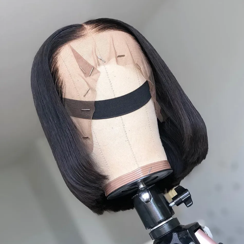 Pelucas frontales de encaje Bob corto Pelucas de cabello humano con frente de encaje brasileño 13x4 Nudo blanqueado prearrancado recto con pelo de bebé Full5651361