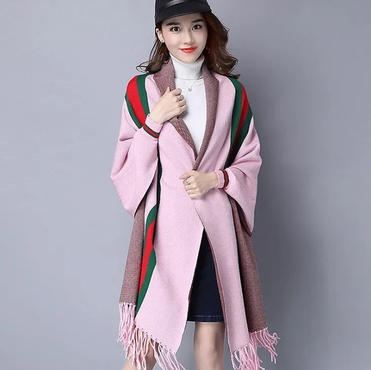 Xale inverno moda quente listrado ponchos e capas para mulheres xales e envoltórios de grandes dimensões cardigan pashmina feminino bufanda mujer y2267q