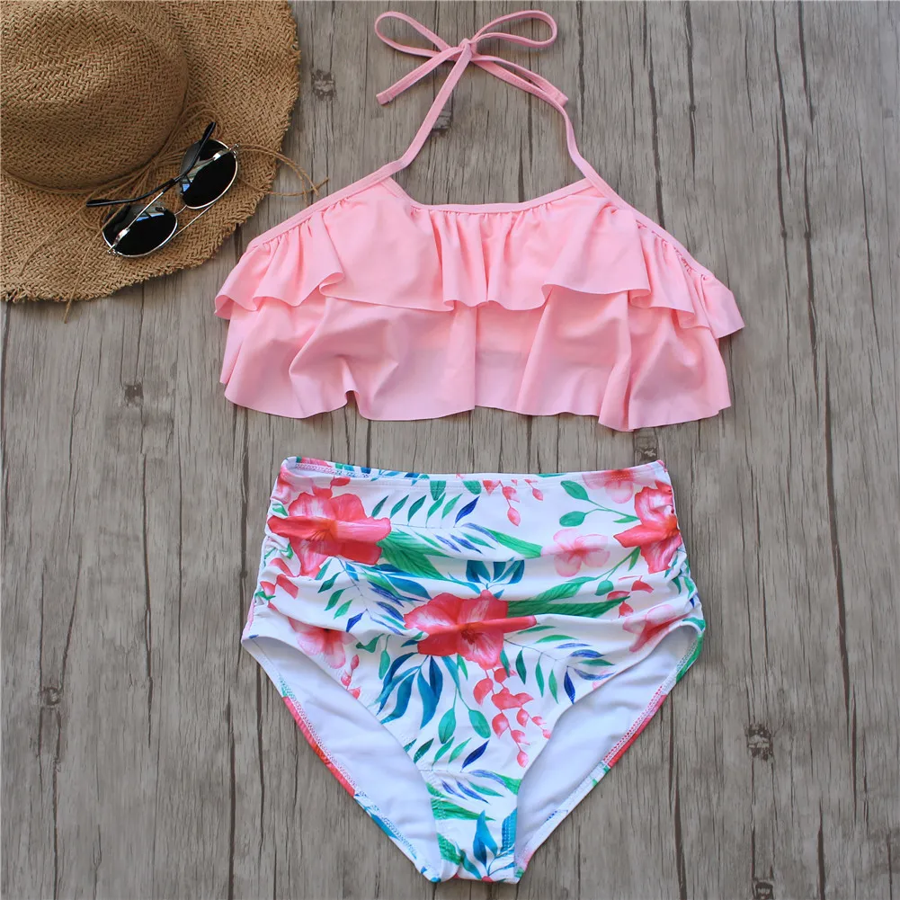 Bikini Set Podwójne Wzburzyć Stroje kąpielowe Kobiety Seksowny Swimsuit Off Ramię Wysoka Talia Swim Wear Plaża Kostium kąpielowe Plus Rozmiar 3XL T200708